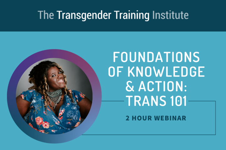 Graphic image with transgender training institute in a dark teal banner at the top. Picture of trainer to the left with text to the right stating Foundations of Knowledge & Action: Trans 101, 2 hour webinar
