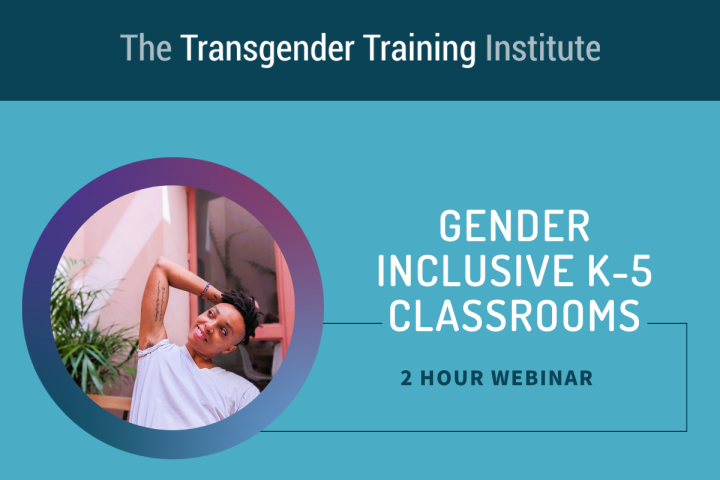 Graphic image with transgender training institute in a dark teal banner at the top. Picture of trainer to the left with text to the right stating Gender Inclusive K-5 Classrooms 2 hour webinar