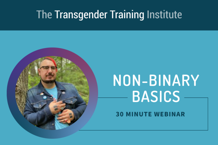 Graphic image with transgender training institute in a dark teal banner at the top. Picture of trainer to the left with text to the right stating Non-Binary Basics 30 minute webinar
