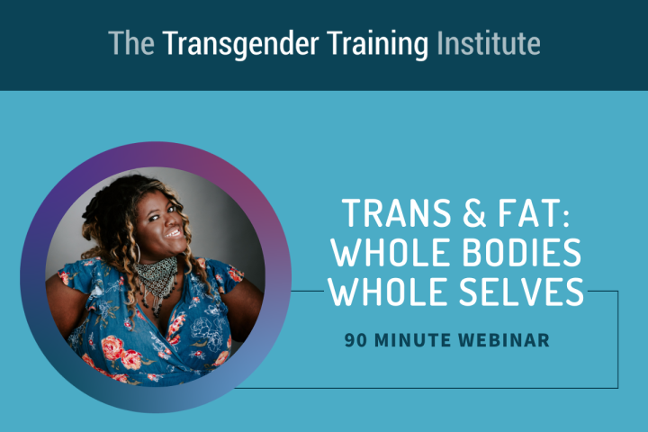 Graphic image with transgender training institute in a dark teal banner at the top. Picture of trainer to the left with text to the right stating Trans & Fat: Whole Bodies Whole Selves 90 minute webinar