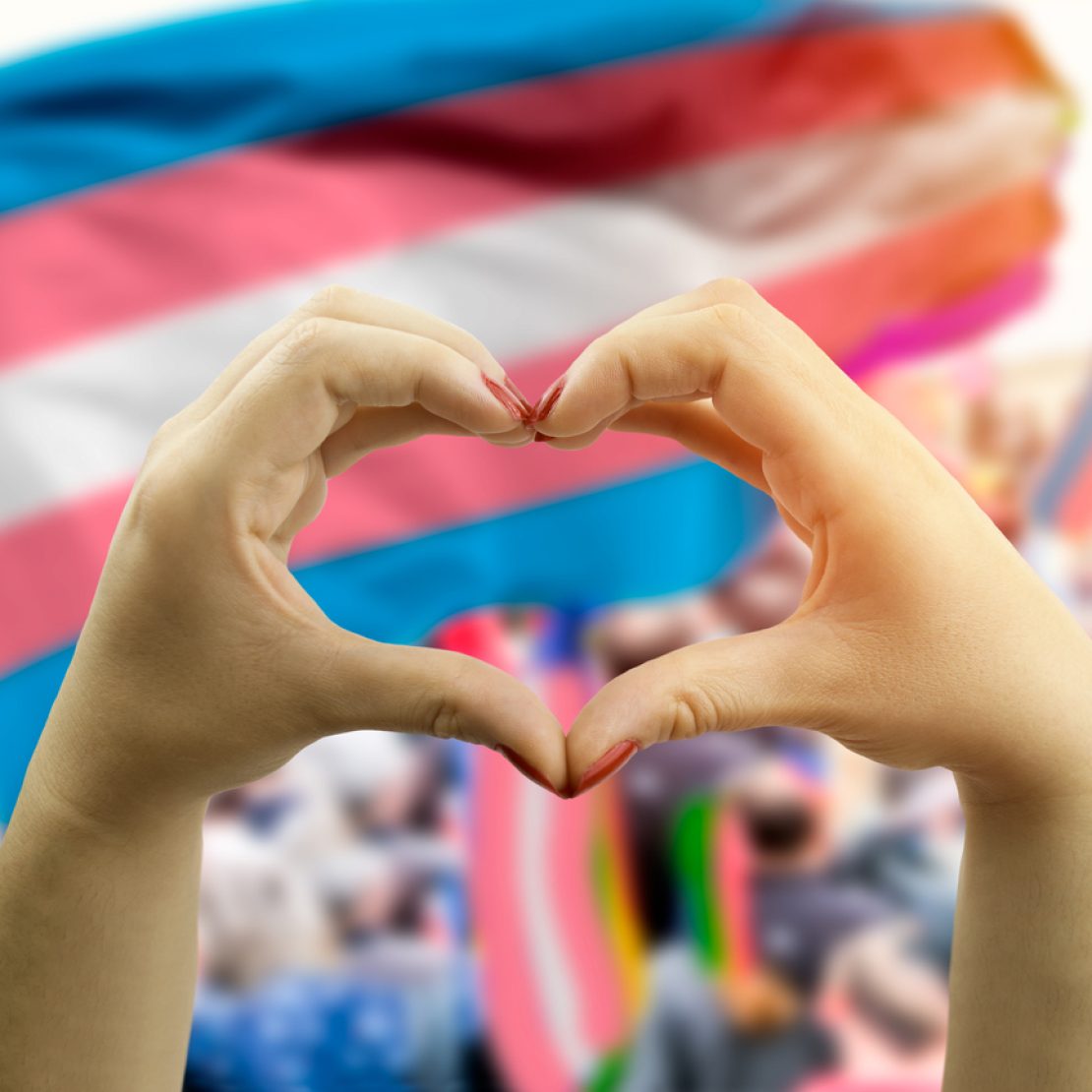 close up hands creating a heart with transgender flag in the background